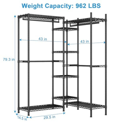 E4 Clothes Rack, Heavy-Duty Garment Rack Can Be L-Shaped Closet, Black | Metal Freestanding Clothing Organization Storage System with Shelves and Hangers, Load 962lbs - color: Black