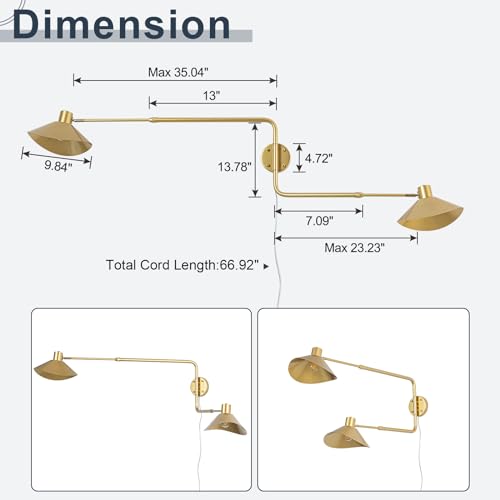 Gold 2-Light Plug in Wall Sconce, Big Adjustable Swing Arms Wall Light Fixture for Living Room Bedroom Bedside Wall Light Adjustable Swivel Arms Extendable Length 22” to 58” - color: A-Gold