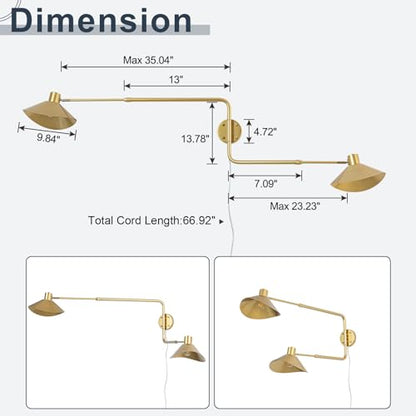 Gold 2-Light Plug in Wall Sconce, Big Adjustable Swing Arms Wall Light Fixture for Living Room Bedroom Bedside Wall Light Adjustable Swivel Arms Extendable Length 22” to 58” - color: A-Gold