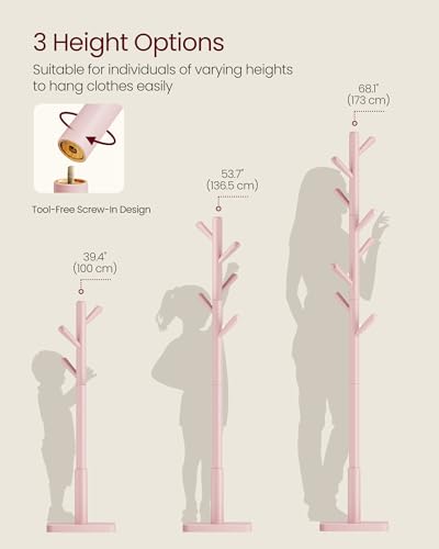 VASAGLE Solid Wood Coat Rack, Free Standing Hall Coat Tree with 8 Hooks, 3 Height Options, for Coats, Hats, Bags, Purses, for Entryway, Hallway, Rubberwood Hooks and Pole, Jelly Pink URCR010R01 - color: Jelly Pink, style: Square Base + Cylindrical Hooks
