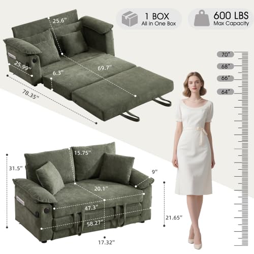 3-in-1 Convertible Sofa Bed | Foldable Loveseat Couch Floor Futon Sofa Sleeper Mattress Lounge Space‑Saving, Green - color: Green