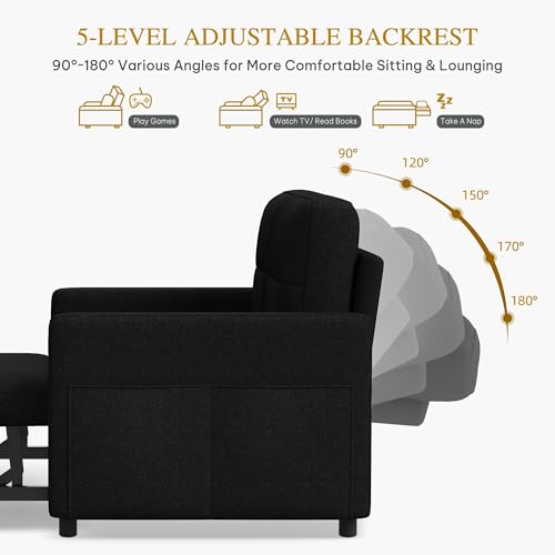 YITAHOME 55" Convertible Sofa Bed | 3-in-1 Sleeper Sofa with Iron Frame Pull-Out Bed, Linen Futon Couch with Reclining Backrest and Side Pocket, Modern Loveseat - color: Black, size: 71.2 x 46.4in