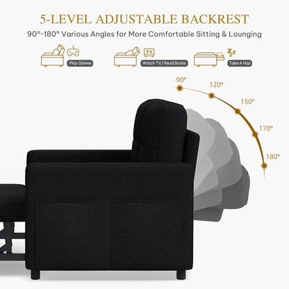 YITAHOME 55" Convertible Sofa Bed | 3-in-1 Sleeper Sofa with Iron Frame Pull-Out Bed, Linen Futon Couch with Reclining Backrest and Side Pocket, Modern Loveseat - color: Black, size: 71.2 x 46.4in