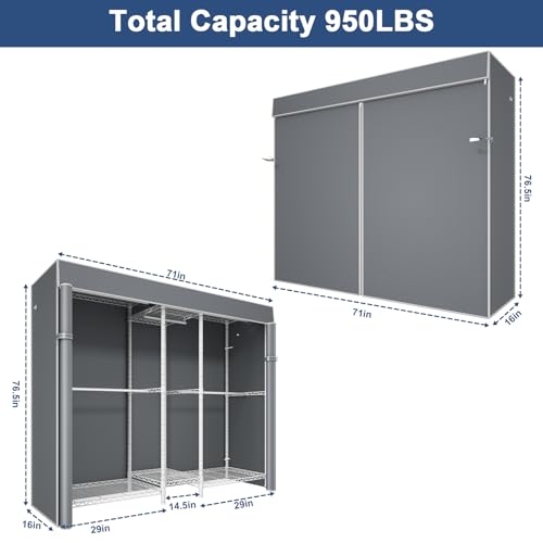 E12C Pro Heavy Duty Closet Organizer System，Freestanding Clothing Racks for Hanging Clothes，Adjustable Garment Rack 71"W x 16"D x 76.5"H Hold 960lbs，White Clothing Rack with Grey Dustproof Cover - color: White Rack With Grey Cover, size: E12C Pro