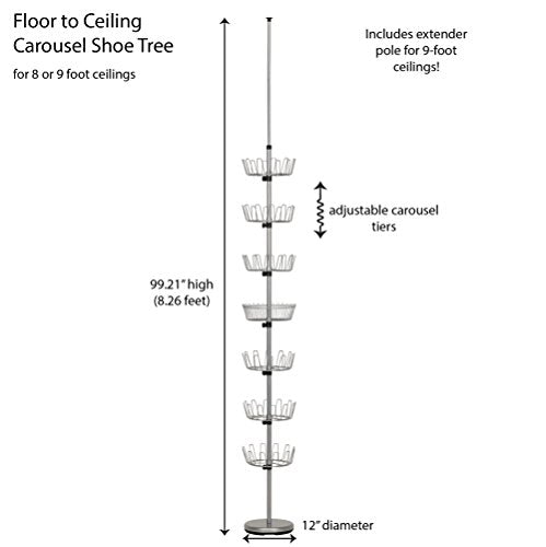 Household Essentials 2197-1 Floor to Ceiling Adjustable 6-Tier Revolving Shoe Rack with Basket - Silver - style: Floor-to-Ceiling