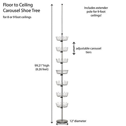 Household Essentials 2197-1 Floor to Ceiling Adjustable 6-Tier Revolving Shoe Rack with Basket - Silver - style: Floor-to-Ceiling