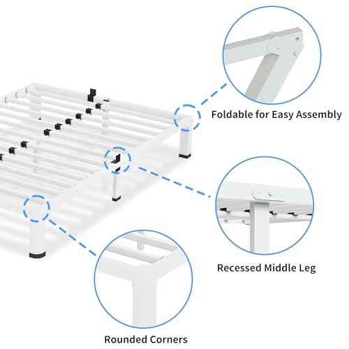 18 Inch White Queen Bed Frame with Round Corners No Box Spring Needed | 3500lbs Heavy Duty, Under bed storage, 4 mattress stoppers, Headboard holes, Noise-free, Easy assembly & rubber covers - size: Queen, style: 10 Inch White