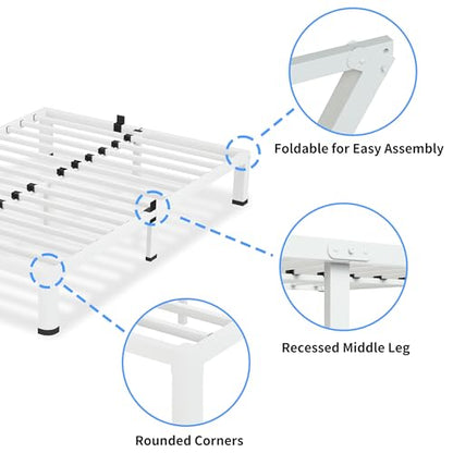 18 Inch White Queen Bed Frame with Round Corners No Box Spring Needed | 3500lbs Heavy Duty, Under bed storage, 4 mattress stoppers, Headboard holes, Noise-free, Easy assembly & rubber covers - size: Queen, style: 10 Inch White