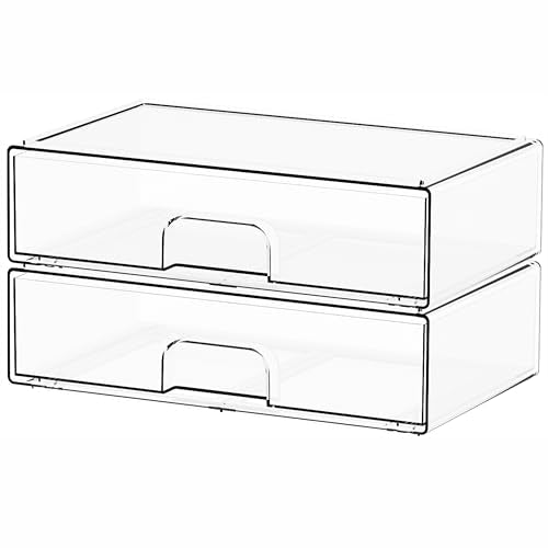 12.1''W Clear Stackable Storage Drawers,2 Pack Acrylic Drawer Organizer for Hair Accessories,Makeup Organizers,Plastic Organizer Bins for Vanity,Bathroom,Cabinet,Desktop,Office Supply Organizer - color: Clear-12.2 In Width, size: 2 PCS