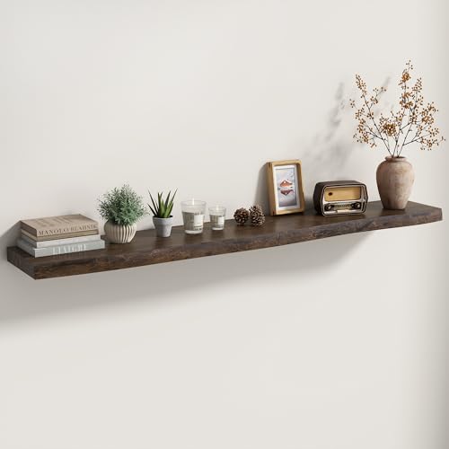 Fun Memories Floating Shelves for Wall, Solid Elm Wood Live Edge Floating Shelf, 55 x 8 Inch Rustic Wall Shelf with Invisible Brackets for Living Room Bedroom Kitchen, Walnut - color: Walnut Finish, size: 55", Single