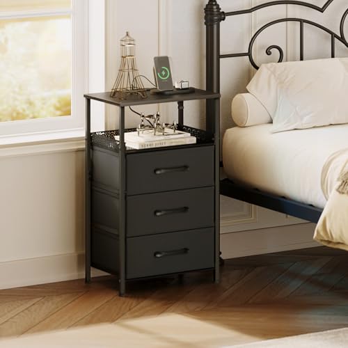 JARHETUN Nightstand Set of 2, Night Stands with Charging Station, 26.4 Inch Tall Bedside Table with Metal Shelf, Modern Side End Table with 3 Fabirc Drawers, Small Dresser for Bedroom, Black - color: Black, style: Power