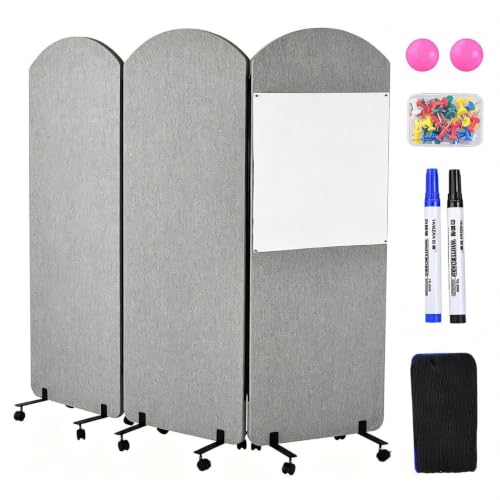 72 x 66 Inch 3 Panel Soundproof Room Divider with Wheels | Portable Mobile Cubicle Wall, with Detachable Whiteboards, for Office Library School Classroom, Light Gray - color: Light Gray With Whiteboard