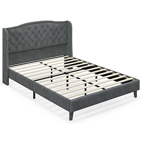 Upholstered Full Bed Frame w/Wood Slats & Noise-Free EVA Foam | Low Velvet Mattress Foundation, Button Tufted Wingback Headboard, No Box Spring Needed, Double Platform Bed Frame Full Size - size: Full