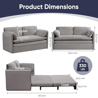 ijuicy 3 in 1 Convertible Sofa Bed, Queen Size Pull Out Sofa Bed with 2 Side Pockets & Soft Armrest,60" Velvet Loveseat Sleeper Sofa with 4" Mattress for Living Room Furniture,Small Spaces-Light Grey | with 2 Side Pockets & Soft Armrest,60" Velvet Lovesea