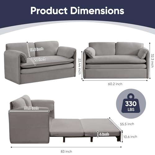 ijuicy 3 in 1 Convertible Sofa Bed, Queen Size Pull Out Sofa Bed with 2 Side Pockets & Soft Armrest,60" Velvet Loveseat Sleeper Sofa with 4" Mattress for Living Room Furniture,Small Spaces-Light Grey | with 2 Side Pockets & Soft Armrest,60" Velvet Lovesea