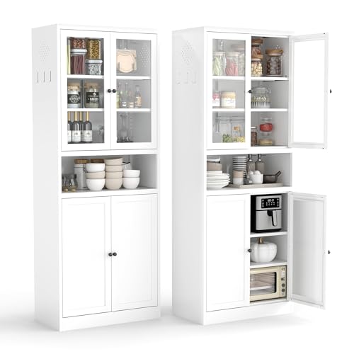 AQY Kitchen Pantry Cabinet,72" White Pantry Storage Cabinet with Adjustable Shelves and Glass Doors,Freestanding Cupboard,Metal Pantry Cabinets with Handle for Living Room Kitchen Assembly Required - color: White, style: H72" - 4 Doors Open Storage Hooks