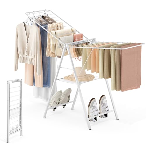 6 Height Adjustable Clothes Drying Rack with Shoe Slots, White | Pre-Assembled, Stable Load Structure, 22 Drying Rails, Foldable Space-Saving For Efficient Indoor & Outdoor Airflow Drying - color: White