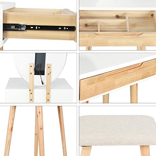 YOURLITE Makeup Vanity Table Set with 3 Modes Adjustable Lighted Mirror Cushioned Stool, Dressing Table for Small Space | 3 Lighting Modes, Adjustable Brightness, Cushioned Stool, Dressing Table, Compact Design, for Small Spaces - size: 24", style: Oval M