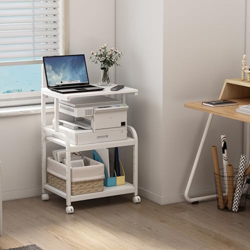 Fannova White Printer Stand Table with Height Adjustable Storage Shelf | 3 Tier Rolling Printer Cart with Wheels, Dual Printer Stand, Printer Side Table for Home Office Organization - color: White