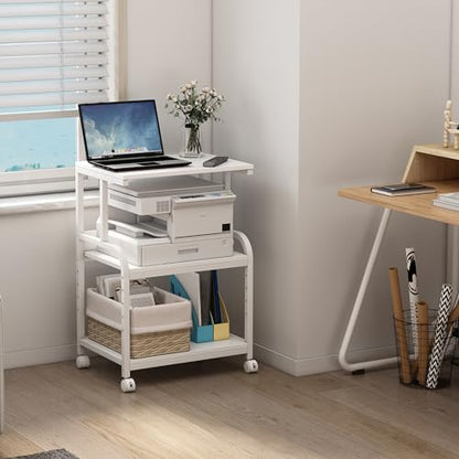 Fannova White Printer Stand Table with Height Adjustable Storage Shelf | 3 Tier Rolling Printer Cart with Wheels, Dual Printer Stand, Printer Side Table for Home Office Organization - color: White