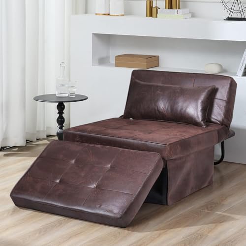 Sofa Bed, Set of 4 in 1 Multi-Function Folding Ottoman Breathable Linen Couch Bed with Adjustable Backrest Modern Convertible Chair for Living Room Apartment Office, PU Imitation, Brown - color: Brown