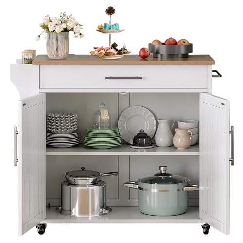 Kitchen Storage Island, Wooden Rolling Island On Wheels with Wood Top, Mobile Kitchen Island Cart with Towel Rack, Spice Rack and Drawers, White - color: White