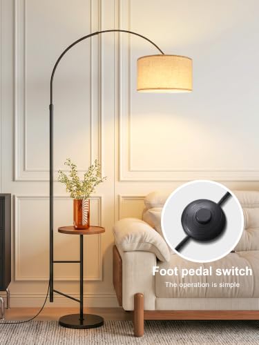 Arc Floor Lamp with Side Table, Adjustable Linen Shade Fishing Standing Lamp for Living Room Bedroom