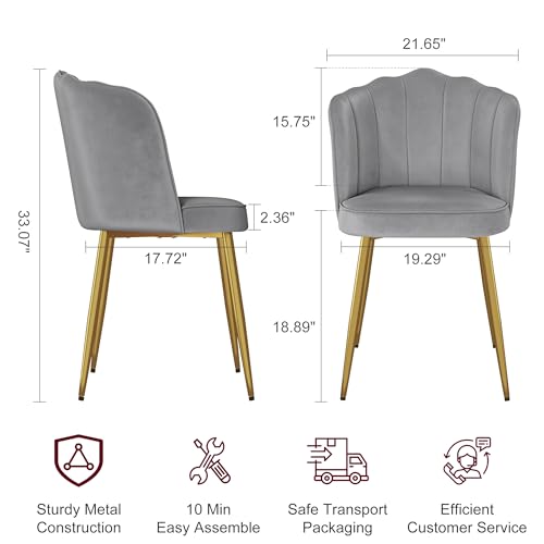 VECELO Velvet Dining Chairs Set of 6, Modern Upholstered Kitchen Chairs with Thick Cushions, Curved Padded Backrest and Metal Legs, for Kitchen, Dining Room, Living Room, Gray - color: Grey, size: Set of 6