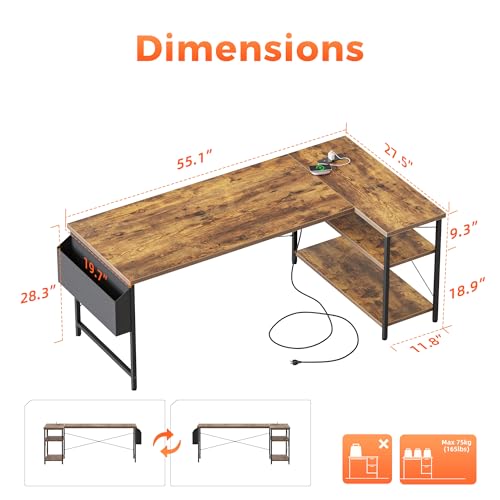 55 inch L Shaped Gaming Desk, Large Corner Desk with Shelves | Reversible Computer Desk with Power Outlets & Storage Bag, Office Table for Home Bedroom Study Work Writing - color: Brown, size: 54 inch