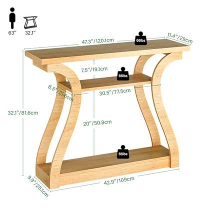 Wood Console Table, 3-Tier Natural Accent Sofa Table | 47" Entry Table with Curved Legs, 3-tier Shelf Modern Accent Sofa Table for Entrance Area, Living room, Hallway - color: Natural