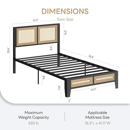 LIKIMIO Twin Rattan Bed Frame with Headboard, Boho Metal Platform Bed | Rattan headboard, 650 lb support, metal slats, EVA pads, 9.8-inch underbed clearance, no box spring needed. - size: Twin