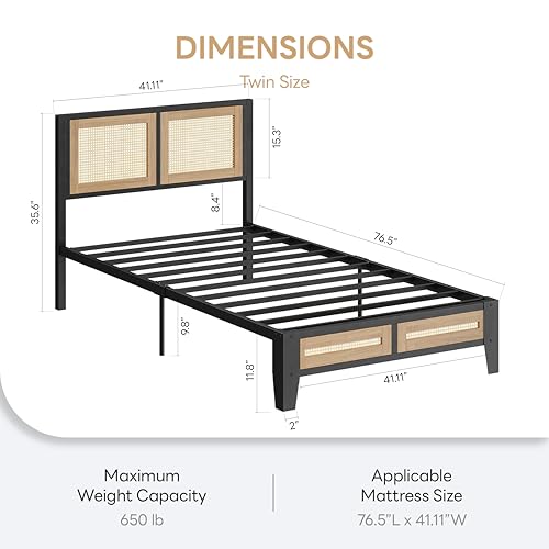 LIKIMIO Twin Rattan Bed Frame with Headboard, Boho Metal Platform Bed | Rattan headboard, 650 lb support, metal slats, EVA pads, 9.8-inch underbed clearance, no box spring needed. - size: Twin