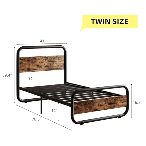 Twin Bed Frames, Metal Platform Twin Bed Frame with Wood Headboard, Brown | RBG LED Lights/Heavy Duty Metal Slats Support/12 in Under-Bed Storage/Noise-Free/No Box Spring Needed/Easy Assembly - color: Rustic Brown, size: Twin