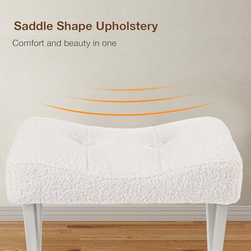 18-Inch Vanity Stool Chair, White Padded Saddle Makeup Stool | Teddy Flannel Vanity Bench, Metal X-Leg, 300 LBS, 16.3"x12.4"x18", Ottoman Accent Stool, Breathable Soft Saddle Seat - size: Small, style: White Fabric