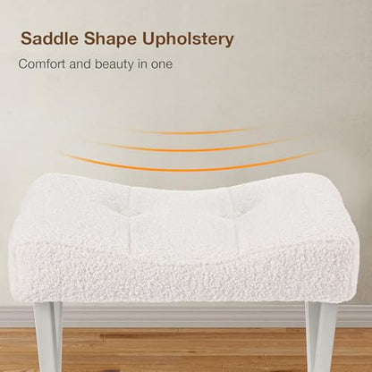 18-Inch Vanity Stool Chair, White Padded Saddle Makeup Stool | Teddy Flannel Vanity Bench, Metal X-Leg, 300 LBS, 16.3"x12.4"x18", Ottoman Accent Stool, Breathable Soft Saddle Seat - size: Small, style: White Fabric