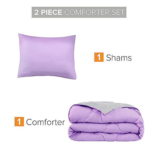 Comfort Spaces Vixie Reversible Comforter Set - Trendy Casual Geometric Quilted Cover, All Season Down Alternative Cozy Bedding, Matching Sham, Lavendar/Gray, Twin/Twin XL 2 piece | Down Alternative, All Season, Bedding for Bedroom, Geometric Pattern, Rev