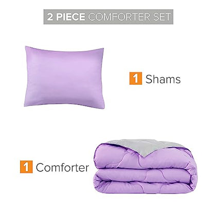 Comfort Spaces Vixie Reversible Comforter Set - Trendy Casual Geometric Quilted Cover, All Season Down Alternative Cozy Bedding, Matching Sham, Lavendar/Gray, Twin/Twin XL 2 piece | Down Alternative, All Season, Bedding for Bedroom, Geometric Pattern, Rev