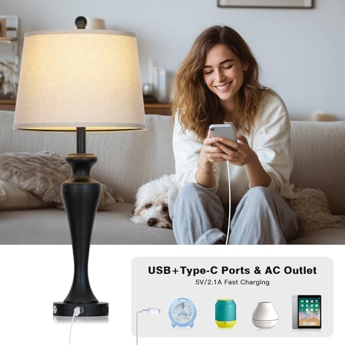 CINSARY 30 Inch Black Table Lamp for Living Room Single, 3-Way Dimmable Touch Control Lamp with USB A+C Ports and AC Outlet, Tall Bedside Lamps, Metal Bedroom Lamps for Nightstand, Bulb Included - color: Black (1 Pack)