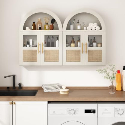 RUSTOWN Arched Bathroom Wall Cabinet with 2 Glass & Rattan Doors | Rattan Medicine Cabinet, Farmhouse Over the Toilet Storage Cabinet, Adjustable Shelves, 3-Tier Wall Mounted Cabinets - color: Rustic White