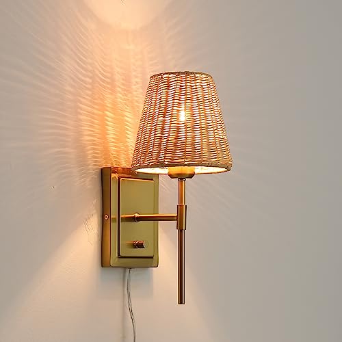 WINGBO Wall Sconce Rattan Wrapped Wall Lamp Set of 2, Wall Light Gold Light Fixture Vintage Bedside Light Wicker Handmade Shade Brass Reading Light Plug in or Hardwire Gold