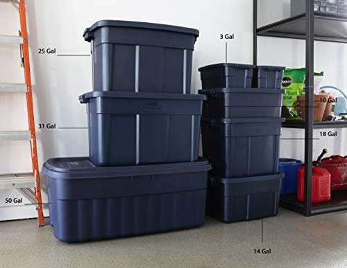 Rubbermaid Roughneck Tote 25 Gal, 4 Pack, Made in USA, Dark Indigo Metallic, Rugged Plastic Stackable Storage Bins with Lids and Handles - size: 25 Gal - 4 Pack