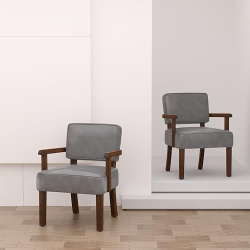 Faux Leather Accent Chair, Mid-Century Armchair with Wood Frame | Upholstered Living Room Chair, Comfy Reading Chair for Bedroom, Waiting Room, Home Office, Easy Assembly, Gray - color: Faux Leather Gray, size: One Chair