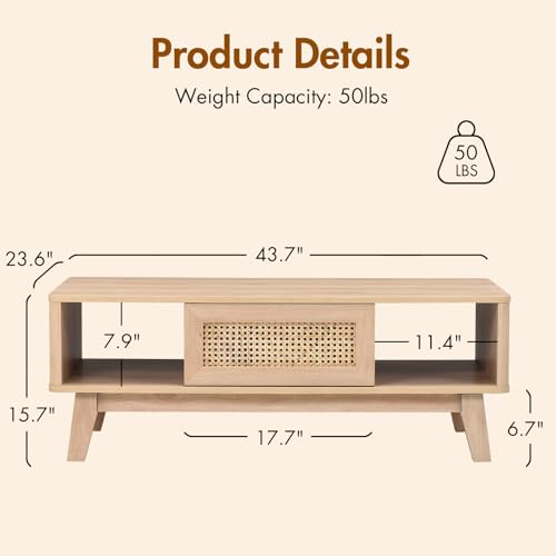 Coffee Table, Mid Century Living Room Tables with Storage, Modern Square with Rattan Drawer, Wooden Living Room Table with Solid Wood Leg - color: Natural