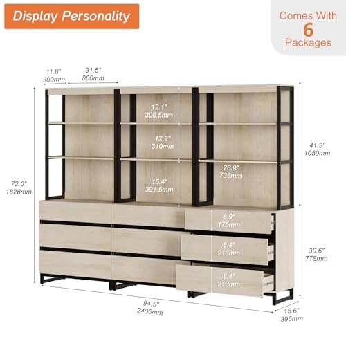 WAMPAT 3 PCS Modern 72" Tall Bookshelf with 6 Drawers and Open Book Shelves, Library Bookcase with Storage Cabinet and Metal Base, Wood Freestanding Bookshelves for Home Office, Living Room, Beige - color: Beige-b, size: 3 PCS
