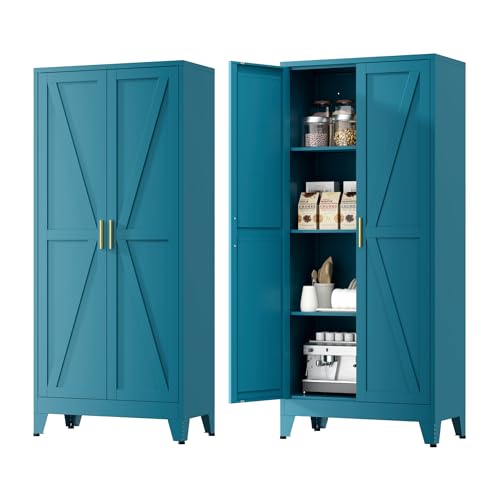 Farmhouse Pantry Cabinet with Barn Doors,61" H x 27.5" W,Metal Cabinet with Adjustable Shelves,4-Tier Storage Cabinet for Kitchen Dining Room Garage,Blue 1 Pack - color: Blue, size: 13.8"D x 27.5"W x 61"H