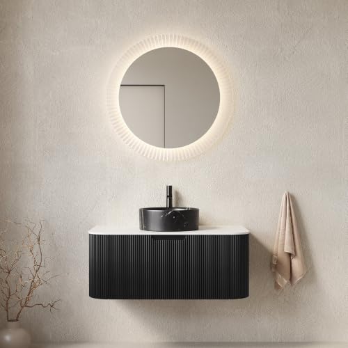 36" Floating Bathroom Vanity with Sink, Wall Mounted Plywood Cabinet, Black Fluted Front, Sintered Stone Countertop, Black Marble-Look Round Ceramic Vessel Sink, Soft-Close Drawer, Pre-Assembled - color: Black Cabinet / Black Marble Sink, size: 36 Inch