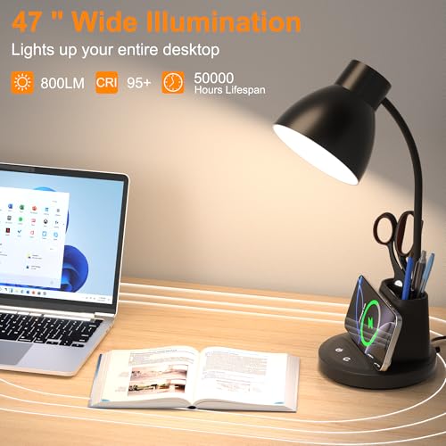 10W Wireless Charging LED Desk Lamp with Pen Holder, CRI 95, Black | 800LM, 3 Modes, 360°Flexible Arm, Touch, Brightness, Table Lamp for Home Office, Dorm, Bedside, Study, Reading, with Adapter - color: Black