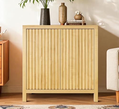 ZYBT Fluted Sideboard Buffet Cabinet, Mid Century Modern Accent Cabinet with 2 Doors and Adjustable Shelf, Storage Cupboard Credenza Console Table for Living Kitchen Dining Room Hallway (Oak) - style: 2Door Oak
