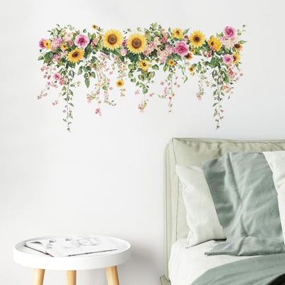 Green Sunflower Wall Decals, Removable PVC Stickers Indoor Decor | Vivid Sunflower Print, Self-adhesive Easy Install, No Wall Scratches, Fits Walls Doors Cabinets Windows Home Decor - style: Sunflower