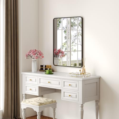 Krymnar 30"x22" Bathroom Vanity Mirror Over Sink, Black Rectangular Aluminum Frame with Rounded Corner(Small-Radius), HD Shatterproof Glass & Rust-Proof Wall Mirror for Bedroom, Living Room, Entryway - size: 30"L x 22"W